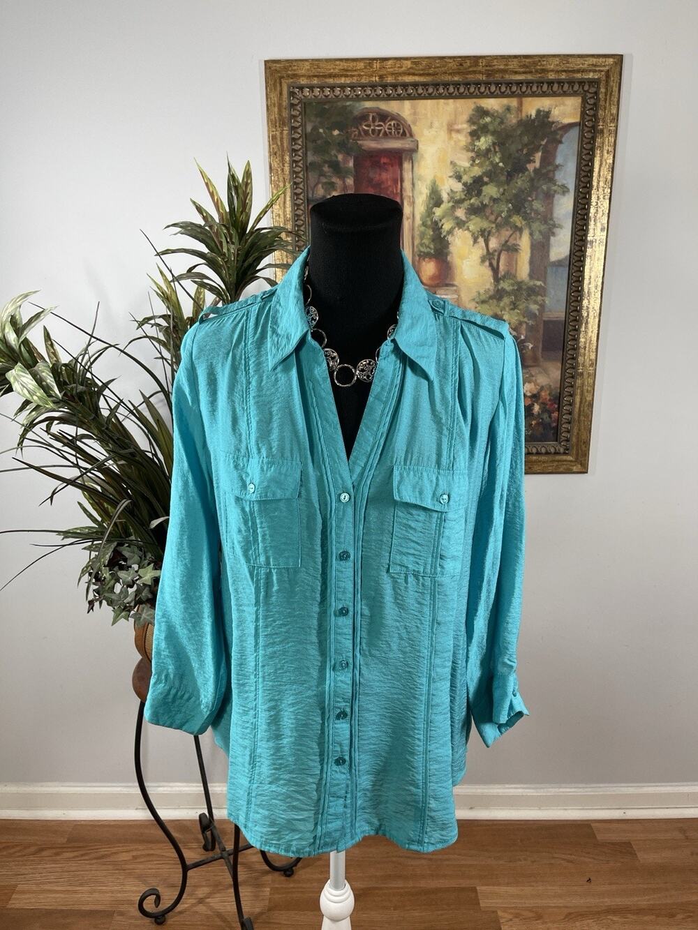 DressBarn Womens Large Turquoise Button Front Roll Tab Shirt Blouse Top Peasant